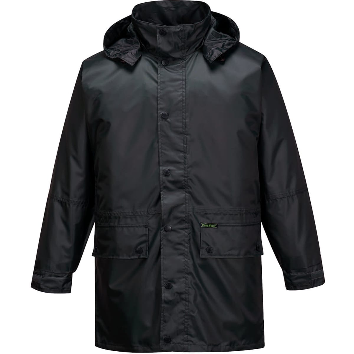 A black rain jacket featuring a hood and button closure, with two front pockets and a branded logo.