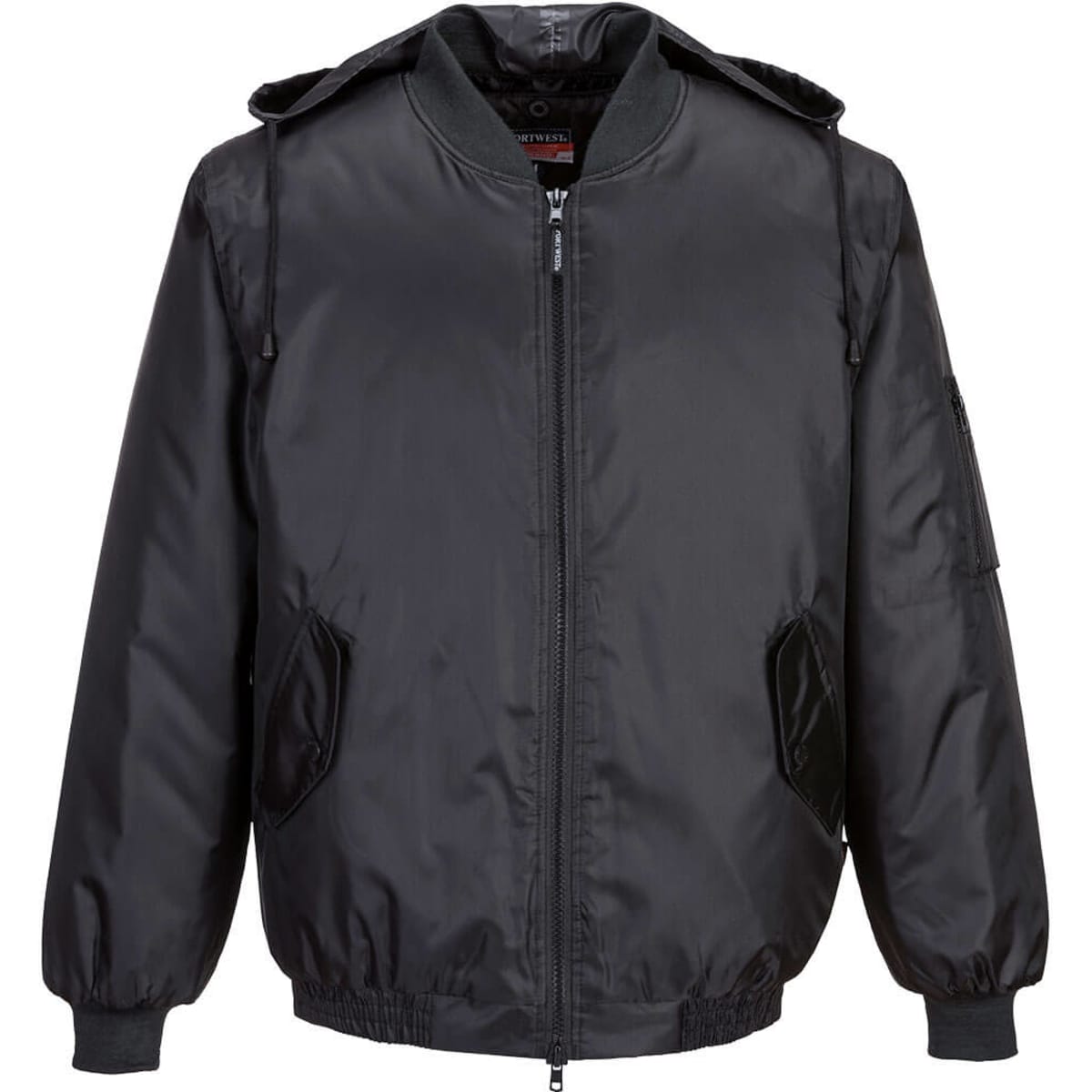 A black bomber jacket featuring a zip front, two side pockets, and a logo on the sleeve.