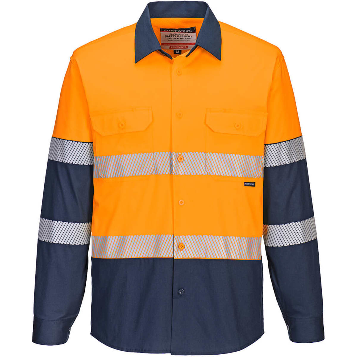 A button-up shirt featuring orange and navy colours with reflective strips and a logo on the chest.