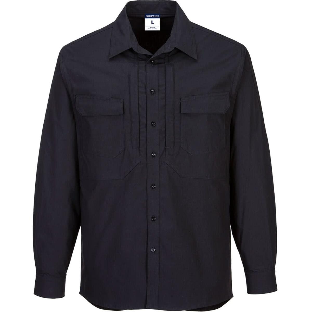 A long-sleeve black work shirt featuring two front pockets and a button-up design, with a logo on the label.