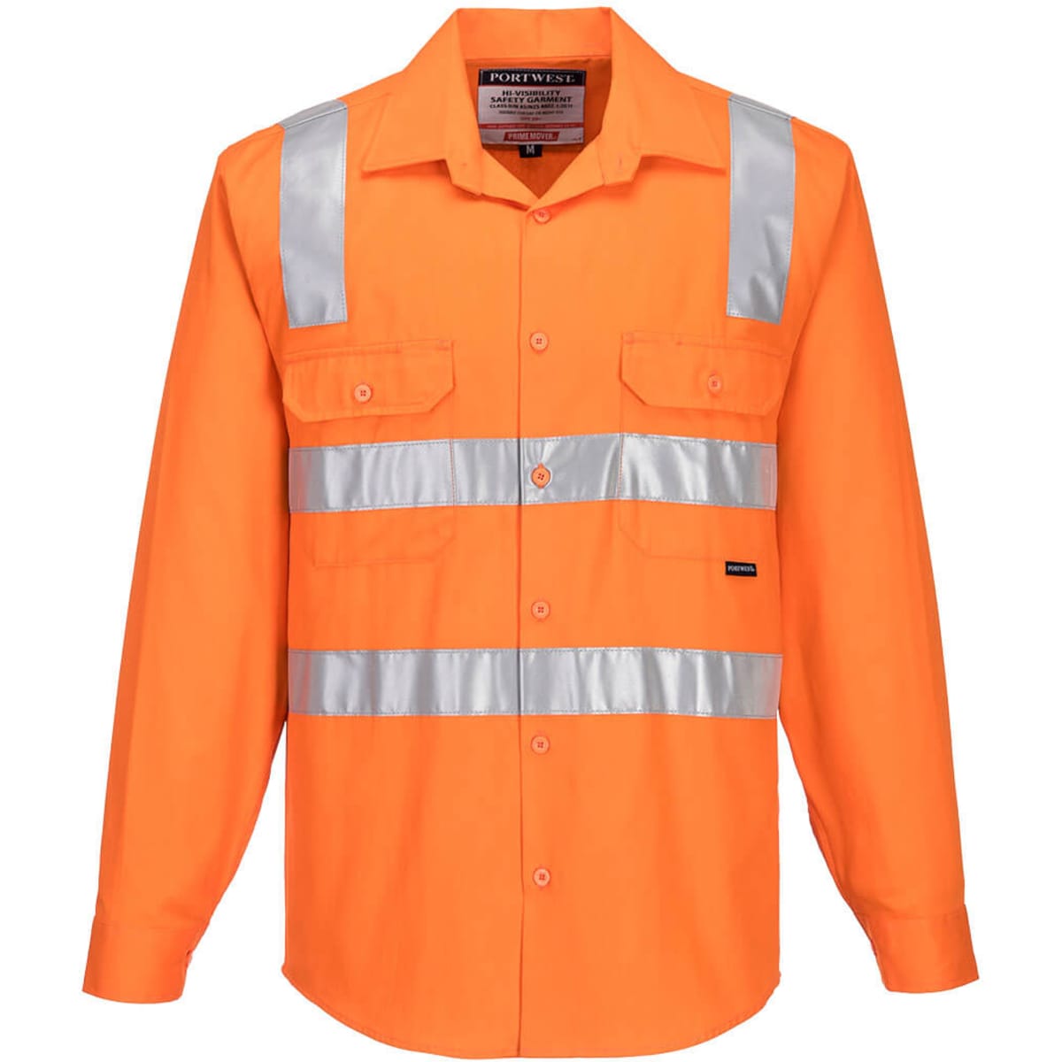 An orange button-up shirt with silver reflective stripes and two front pockets, featuring a logo.