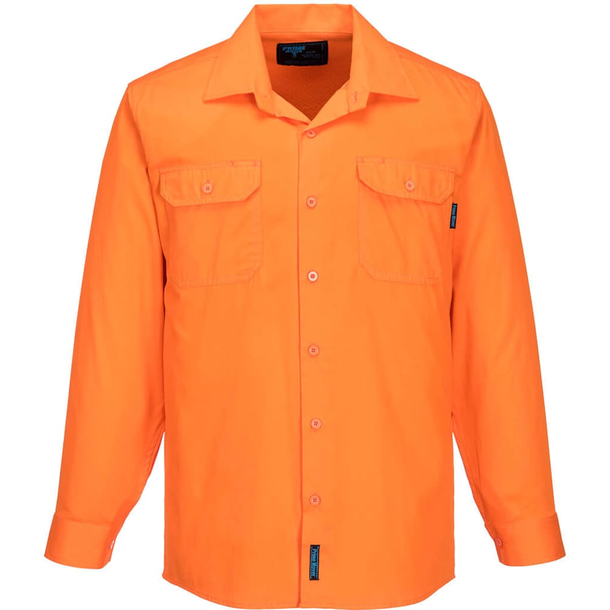 A long-sleeve, lightweight work shirt in bright orange, featuring two front pockets and a logo.