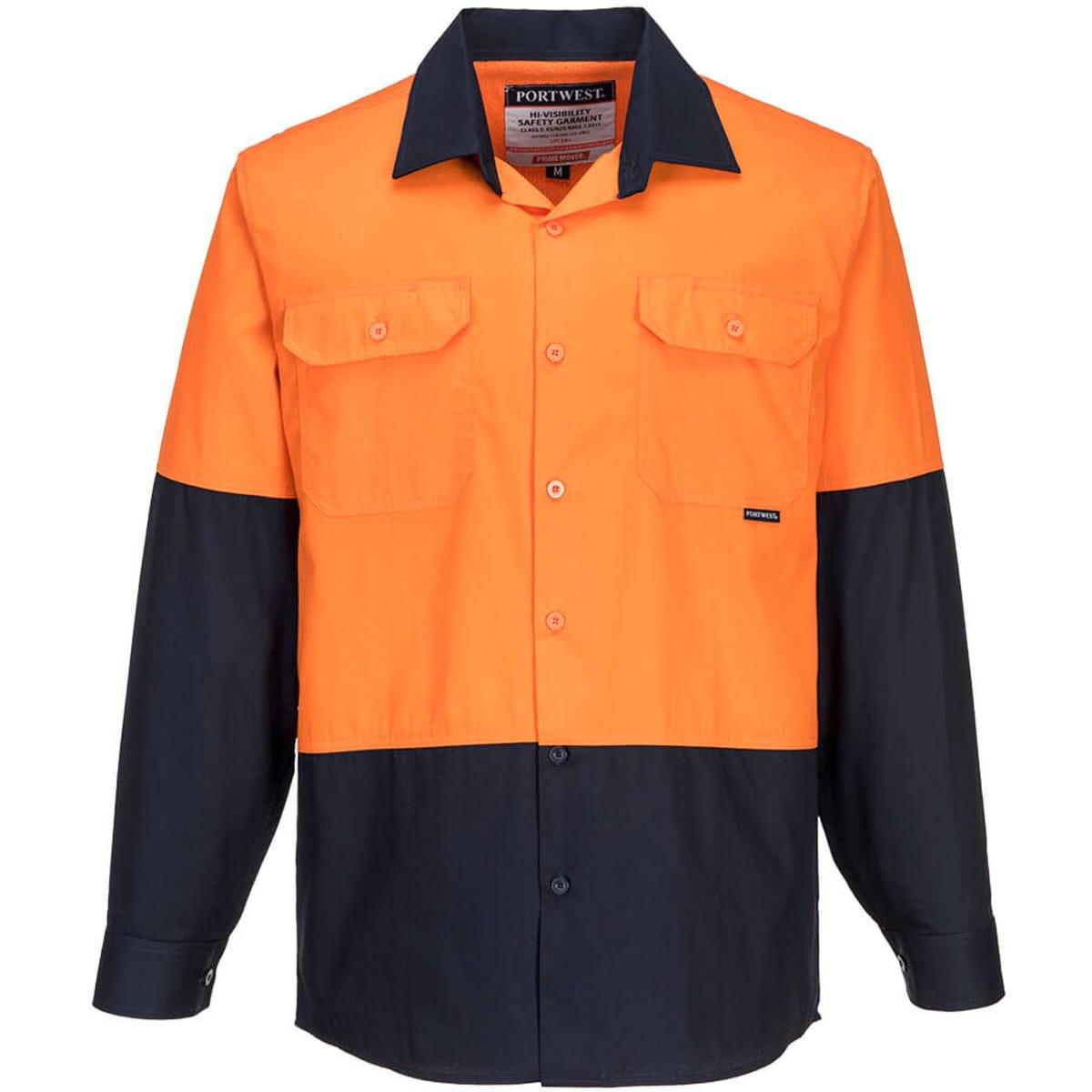 A lightweight long-sleeve work shirt in orange and navy, featuring chest pockets and a branded label.