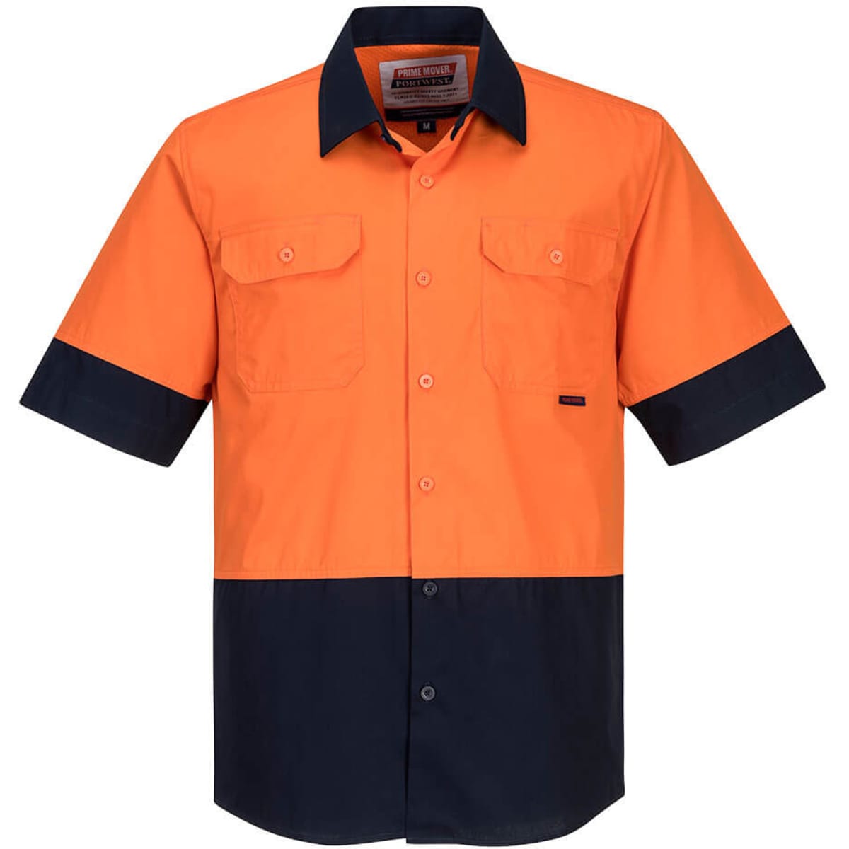 A lightweight short-sleeve shirt in orange and navy, featuring two chest pockets and a logo.