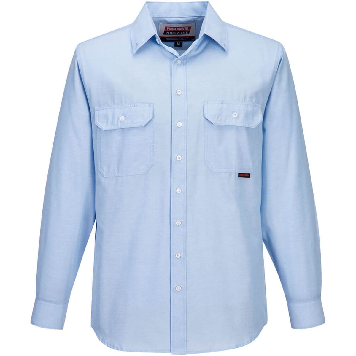 A light blue long-sleeve chambray shirt with two chest pockets and a logo.