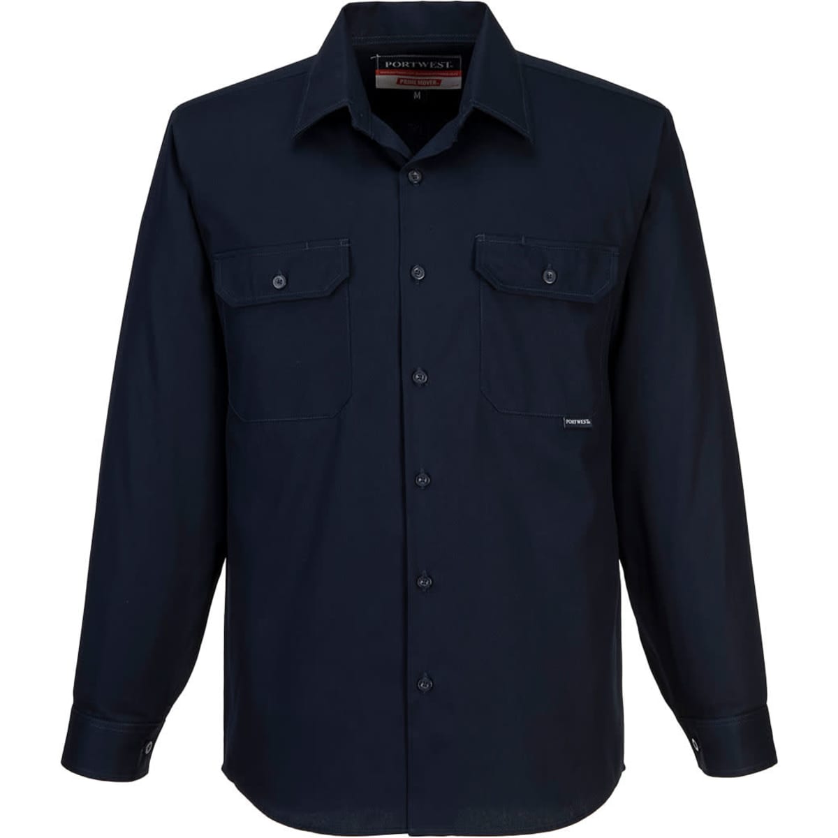 A long-sleeve button-up shirt in navy blue with two chest pockets and a logo on the label.