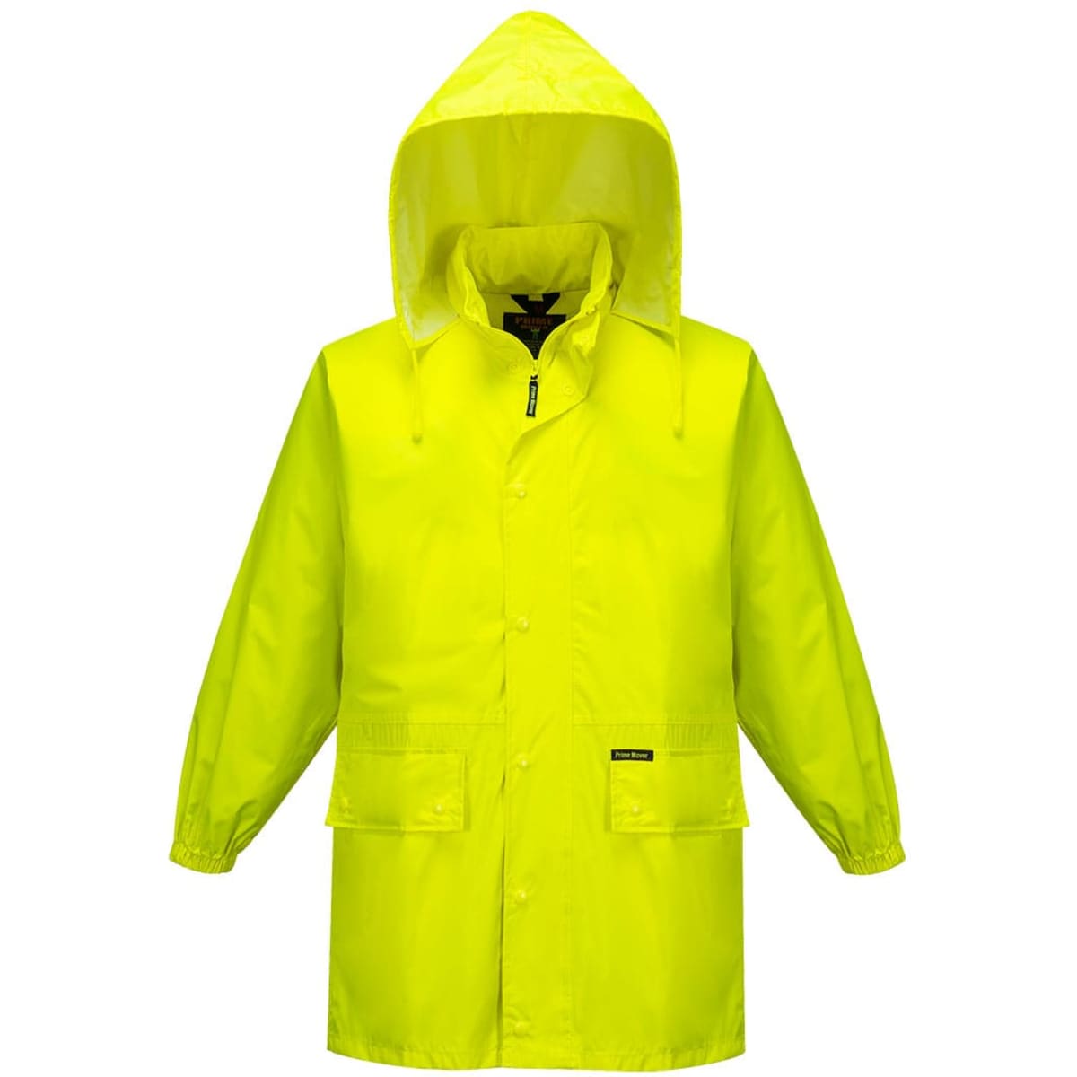 A bright yellow wet weather suit with a hood and front pockets, featuring a logo on the jacket.