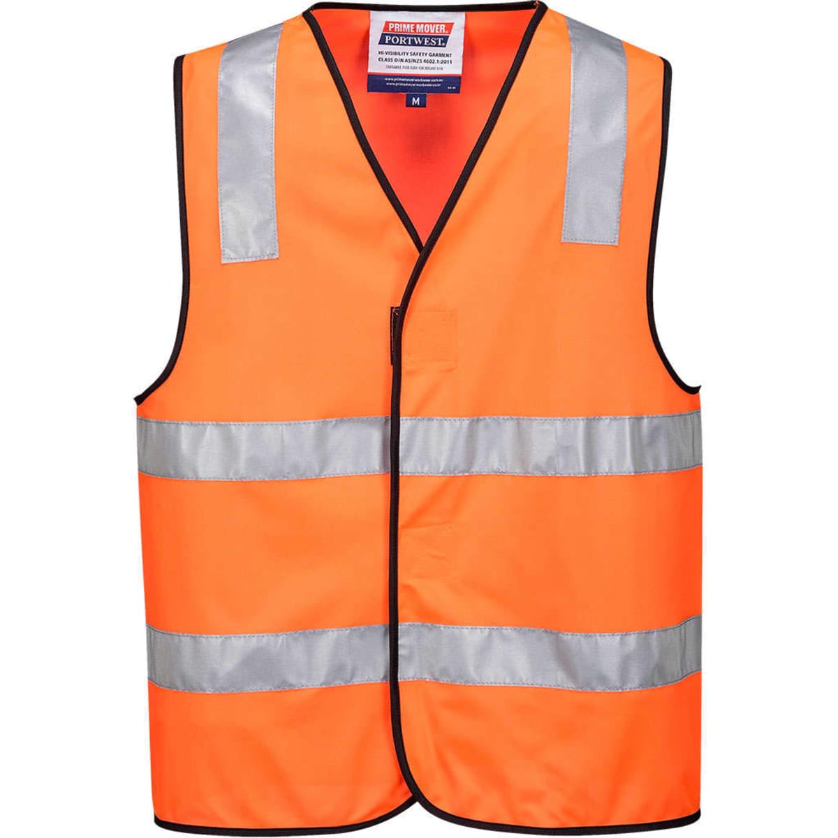 Hi-Vis vest in bright orange with reflective stripes and black trim. Features a logo on the chest area.