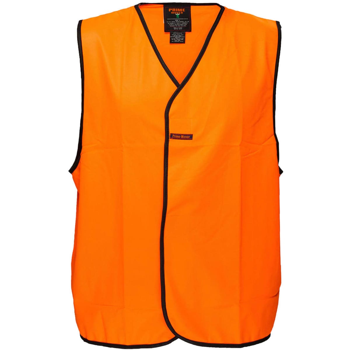 An orange hi-vis vest with black trim, featuring a logo, designed for workwear use.