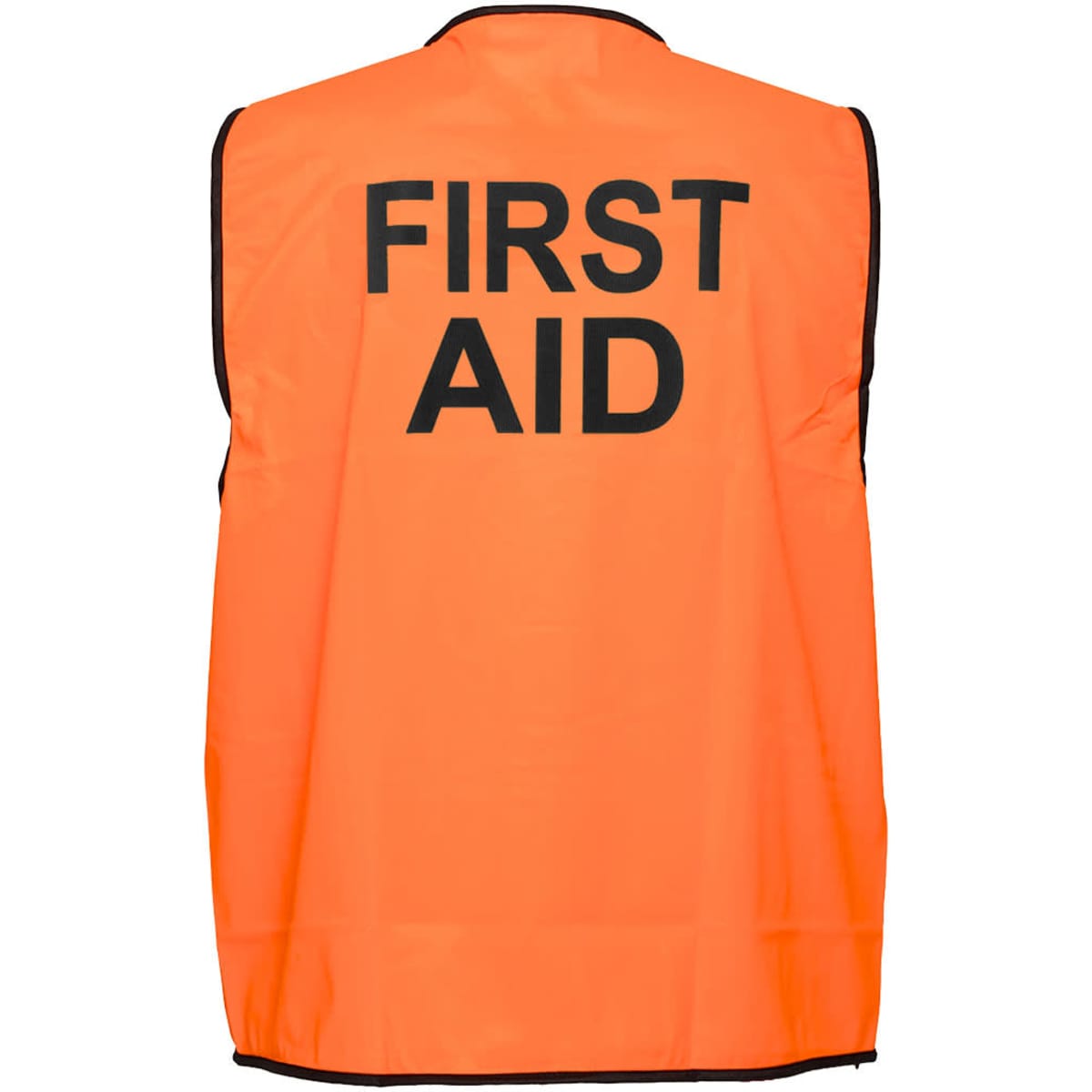A high-visibility orange vest with black lettering indicating "FIRST AID," featuring a simple design and no visible logos.