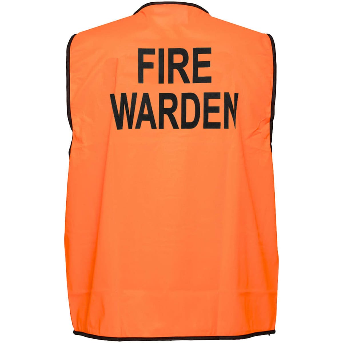 An orange vest with black text reading "FIRE WARDEN." The vest features a simple design and has a branding logo.