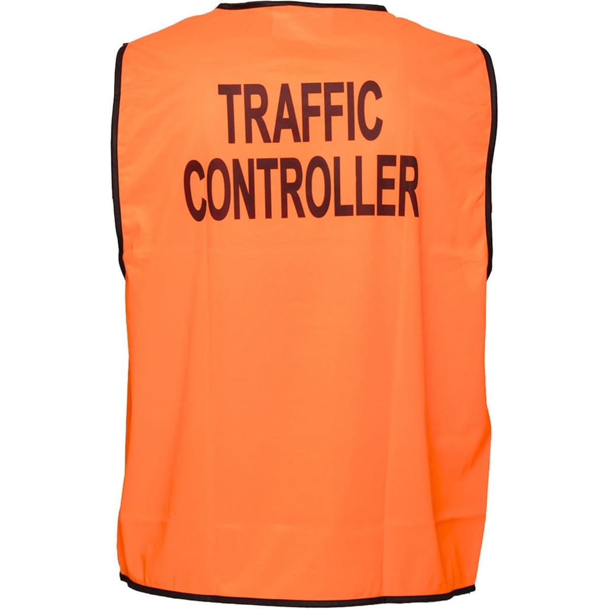 An orange traffic control vest with black borders and a logo, designed for safety wear.