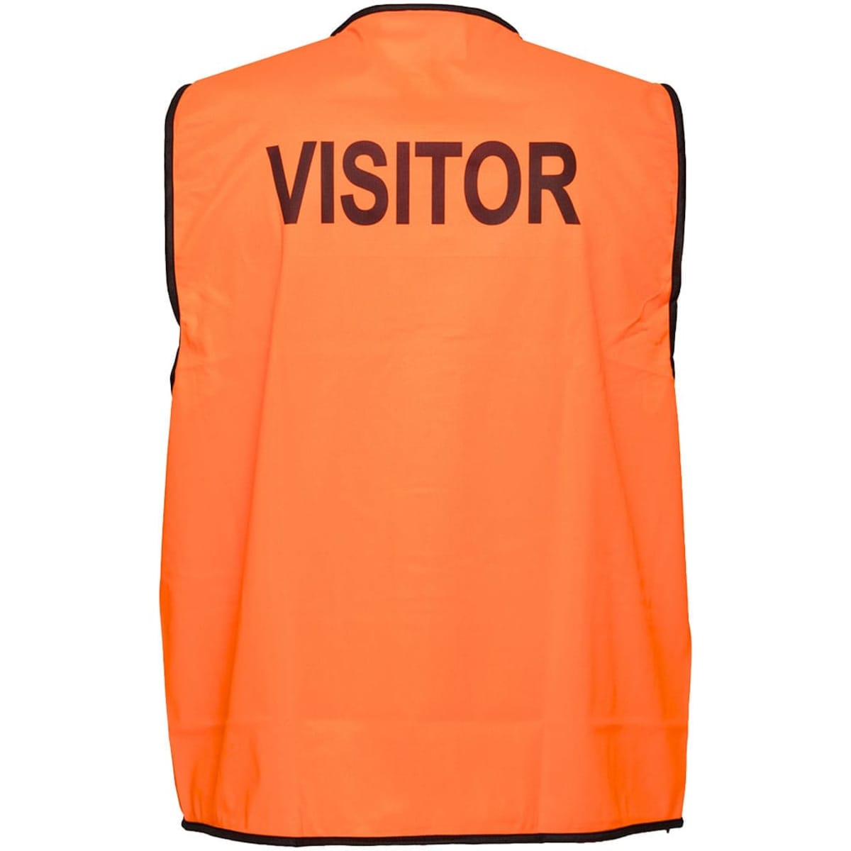 An orange hi-vis vest with black text displaying "VISITOR" on the back. It features a logo at the front.