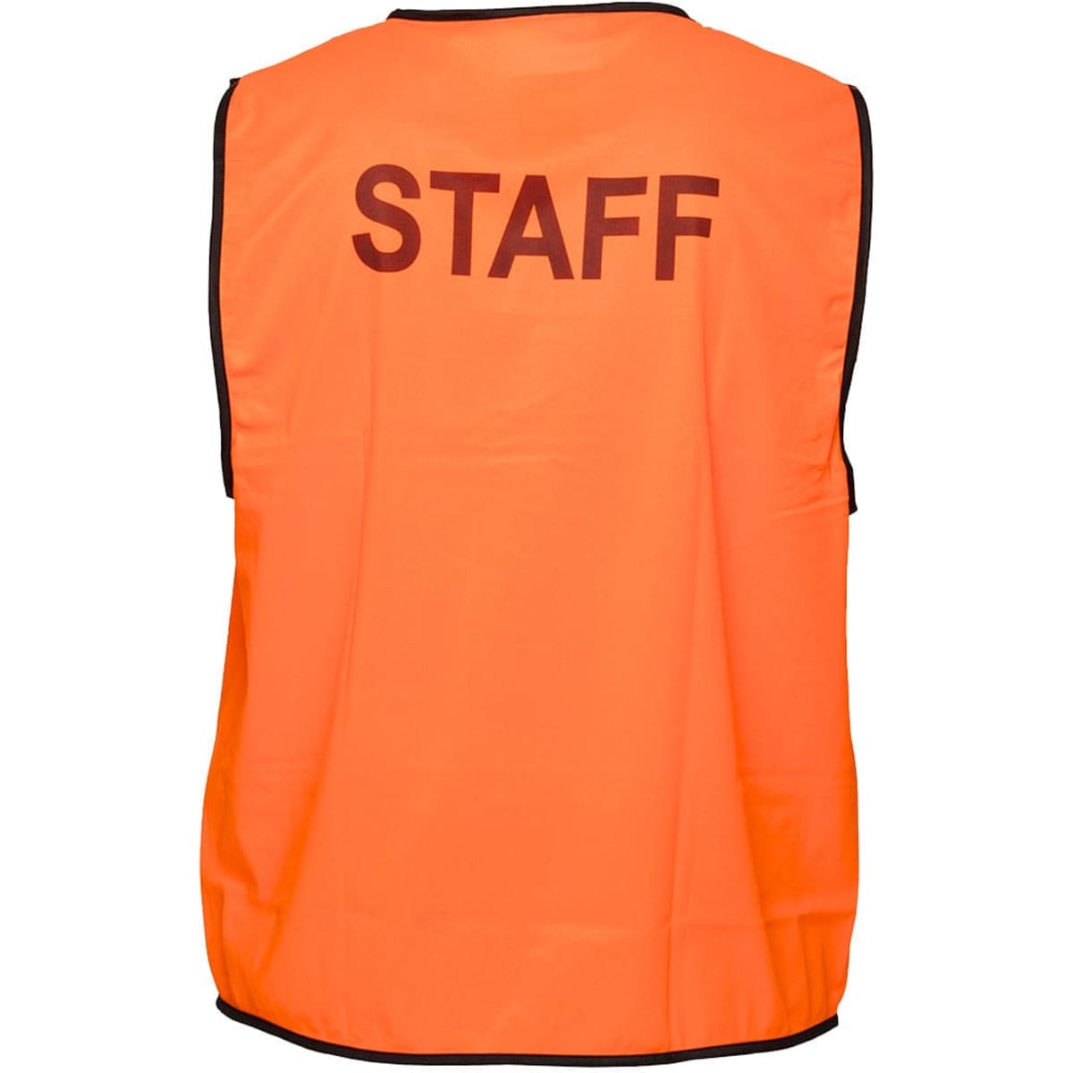 An orange hi-vis vest designed for staff, featuring a logo and a sleeveless design.