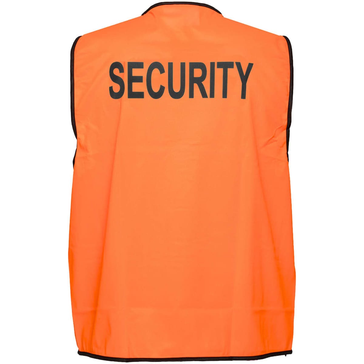 An orange hi-visibility vest with black trim, featuring the word "SECURITY" prominently on the back.