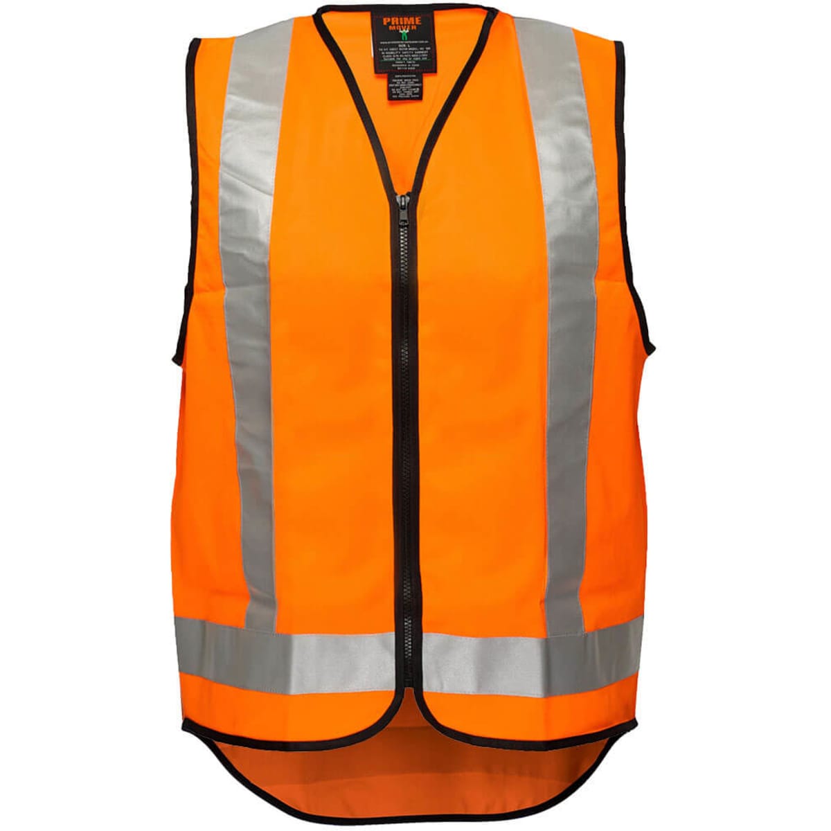 A high-visibility orange vest with reflective silver stripes, featuring a front zipper and a logo.