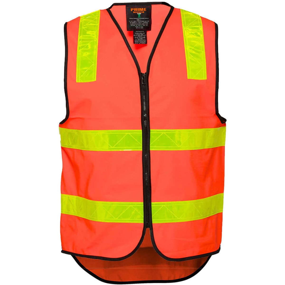 A high-visibility vest in bright orange with reflective yellow stripes and a front zipper, featuring a logo.