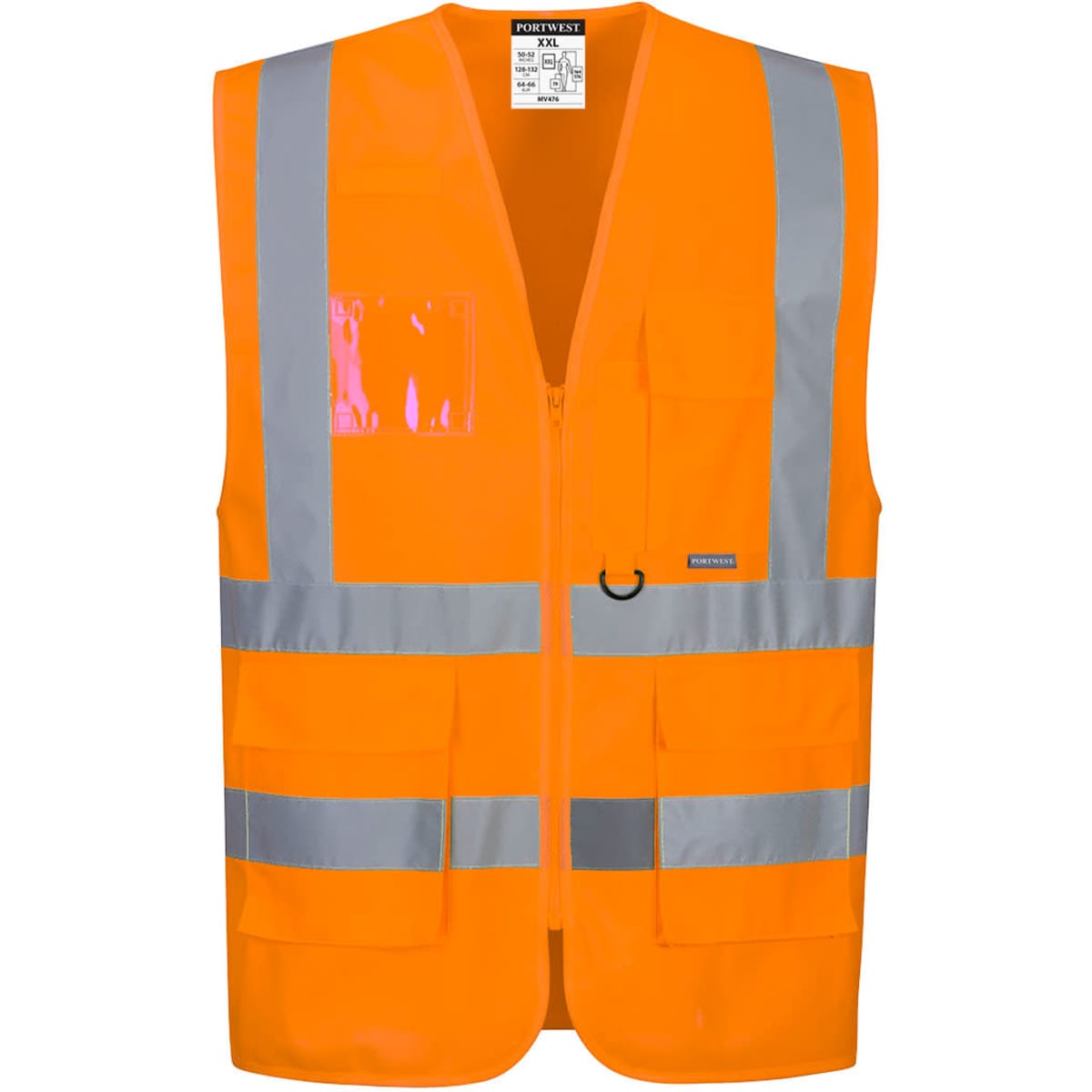 Bright orange hi-visibility vest with reflective strips and multiple pockets. Includes a branding logo.