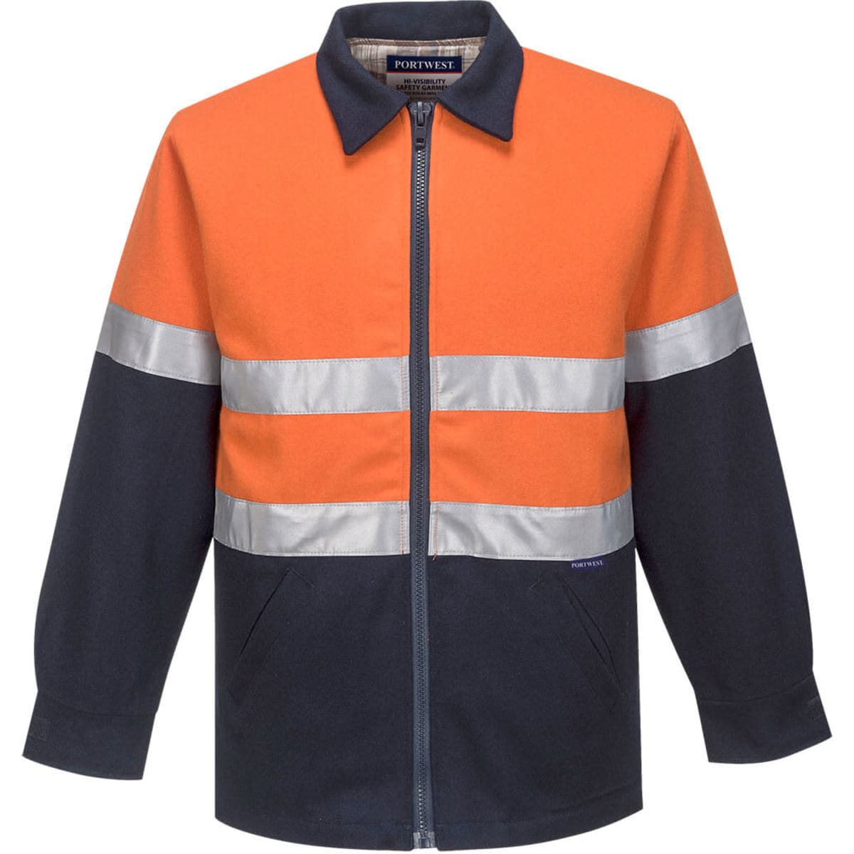 A wool blend jacket featuring blue and orange panels with reflective strips. It has a front zip and a collar.