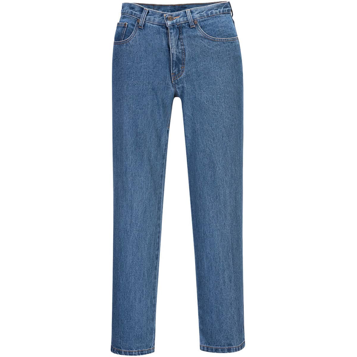Denim pants in a light blue wash, featuring a classic straight-leg cut and a waistband with a logo.