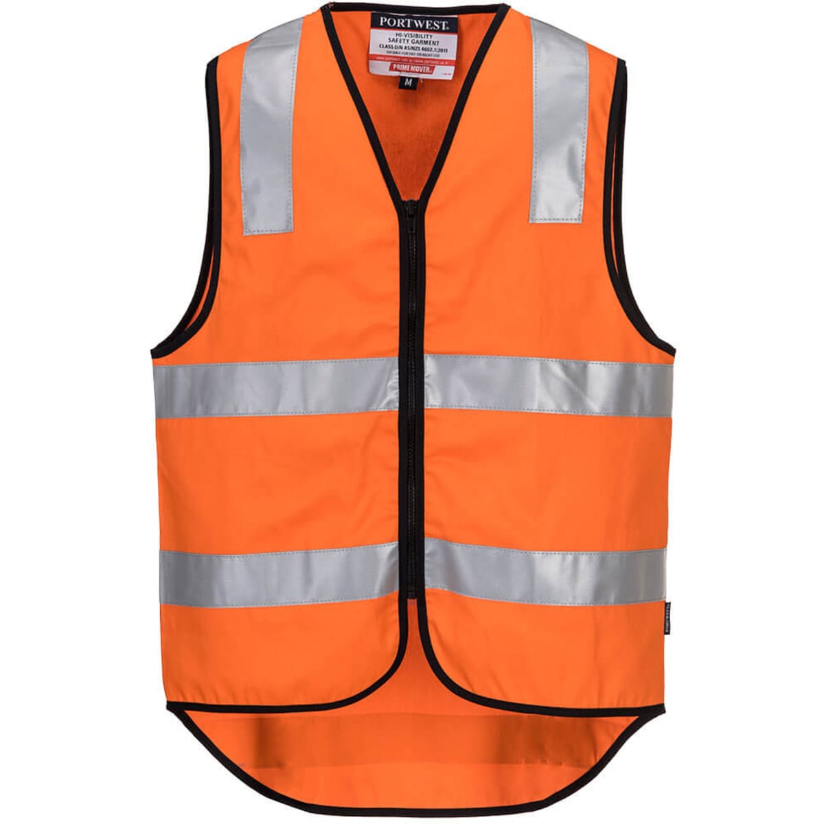 An orange hi-vis vest with silver reflective stripes and a front zipper, featuring a logo on the upper part.