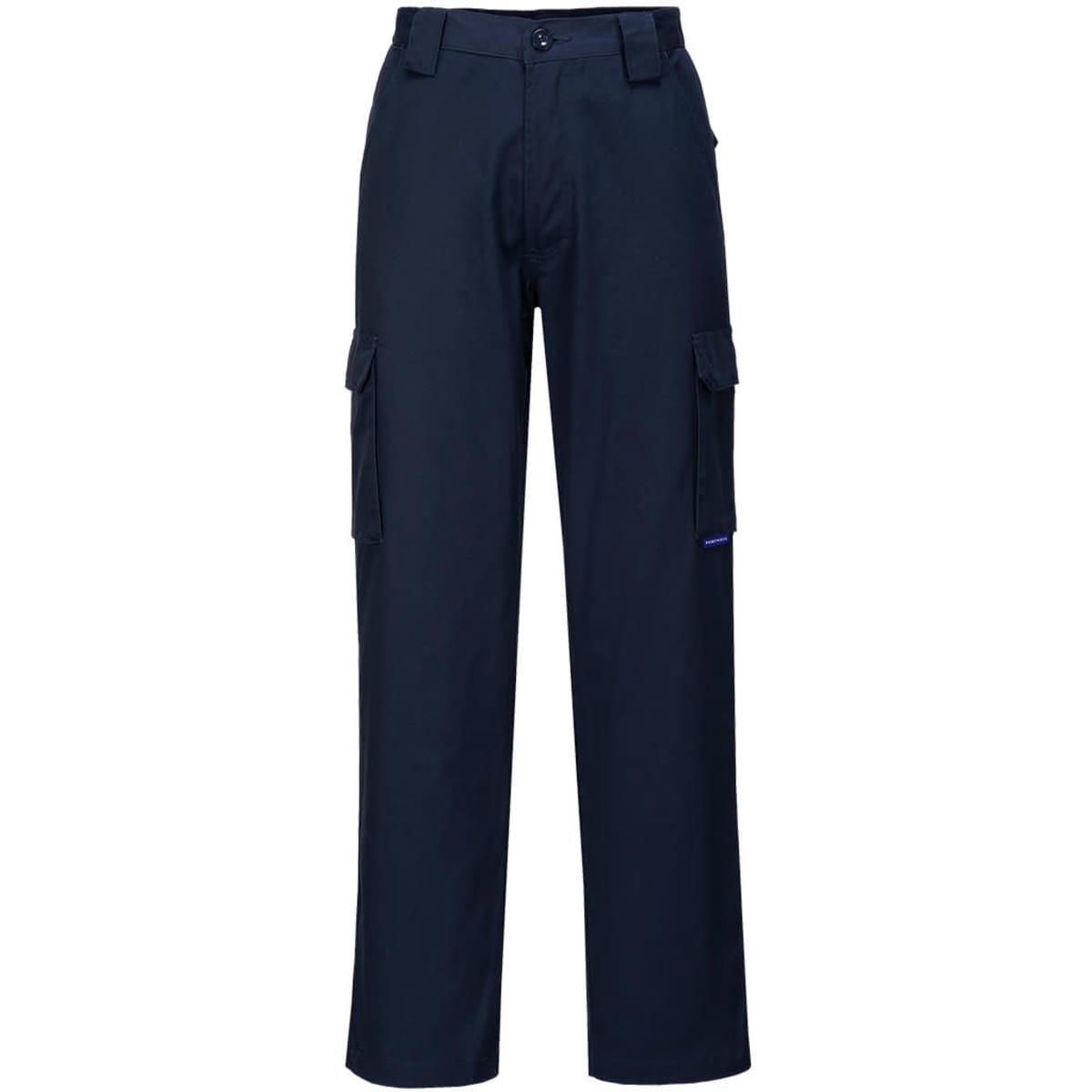 Flame retardant cargo pants in navy blue, featuring multiple pockets and a branded logo.