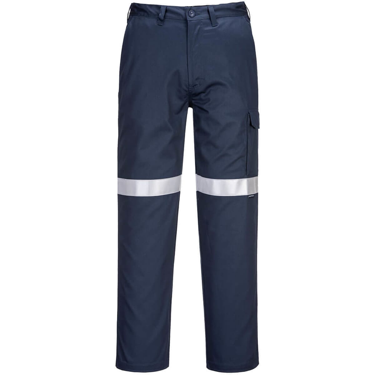 Navy cargo pants featuring reflective stripes and a side pocket, with a logo on the waistband.