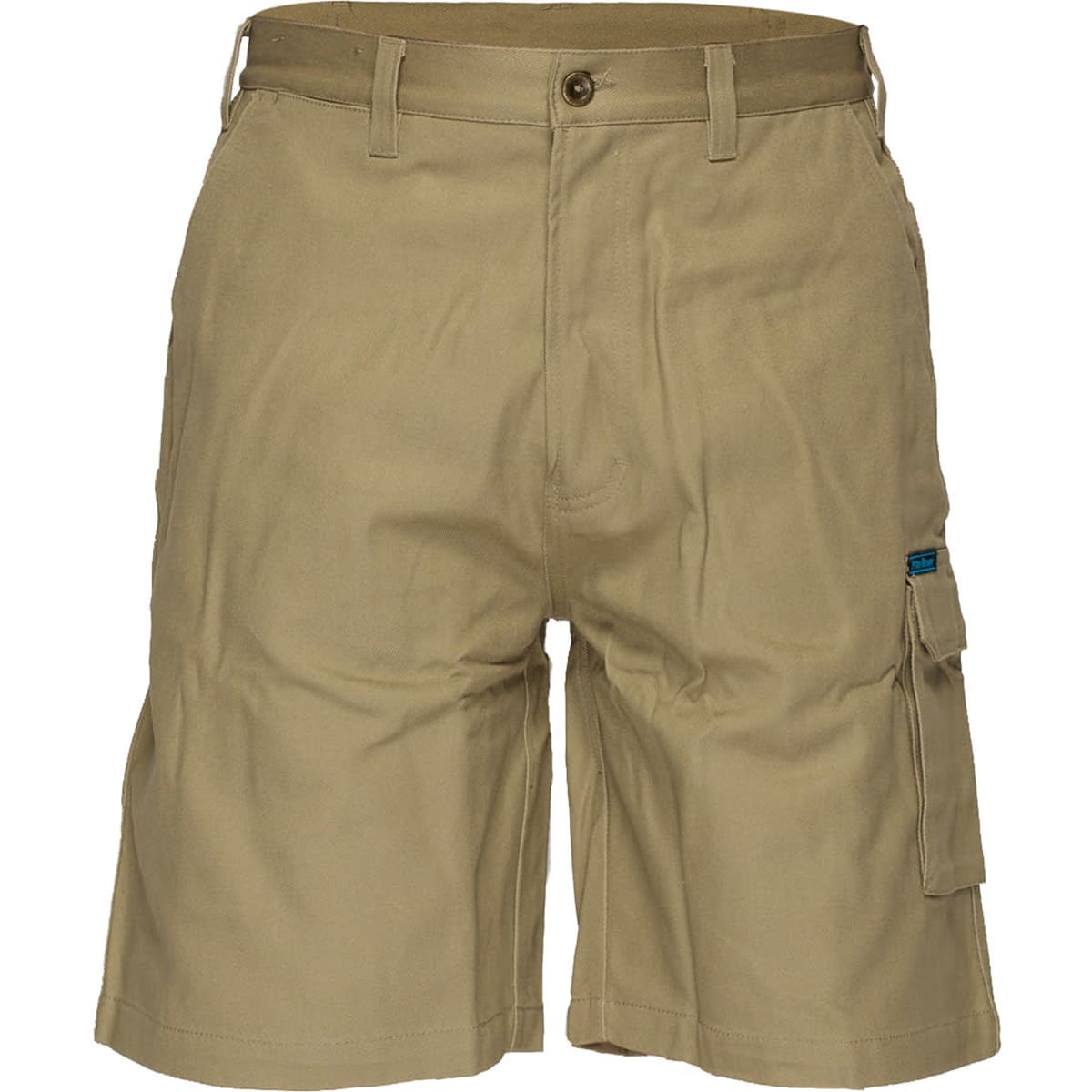 Cotton cargo shorts in khaki, featuring multiple pockets and a waistband with a button closure. Includes a logo.