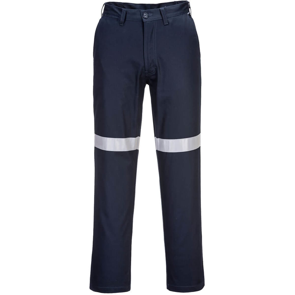 Navy work pants featuring reflective strips, designed for durability and visibility, complete with a logo.