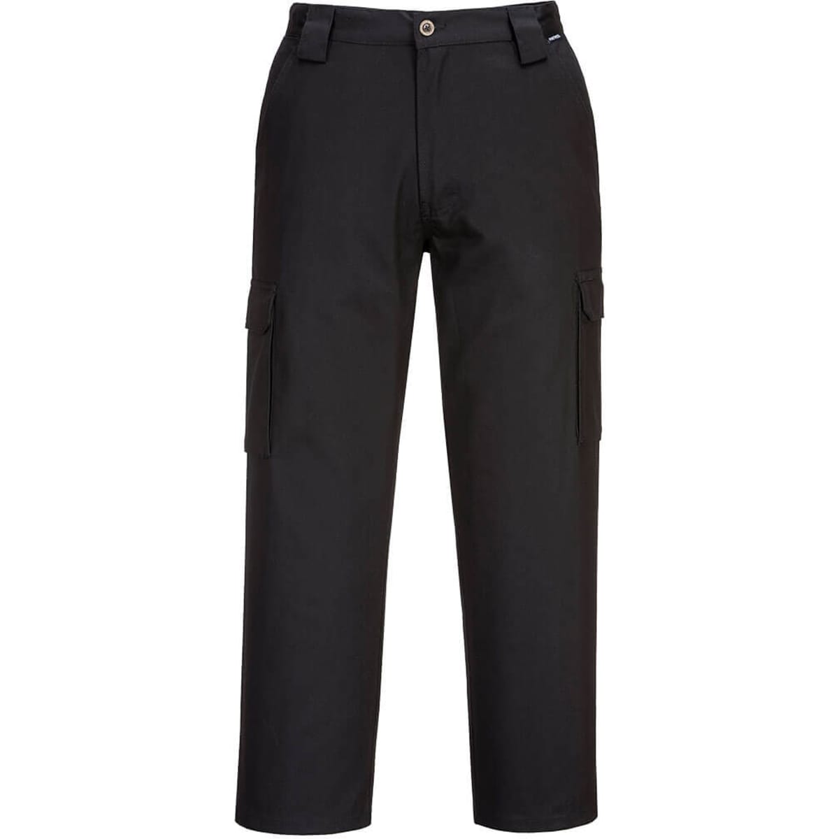 Lightweight cargo pants in black with side pockets and a front button closure. Features branding on the waistband.