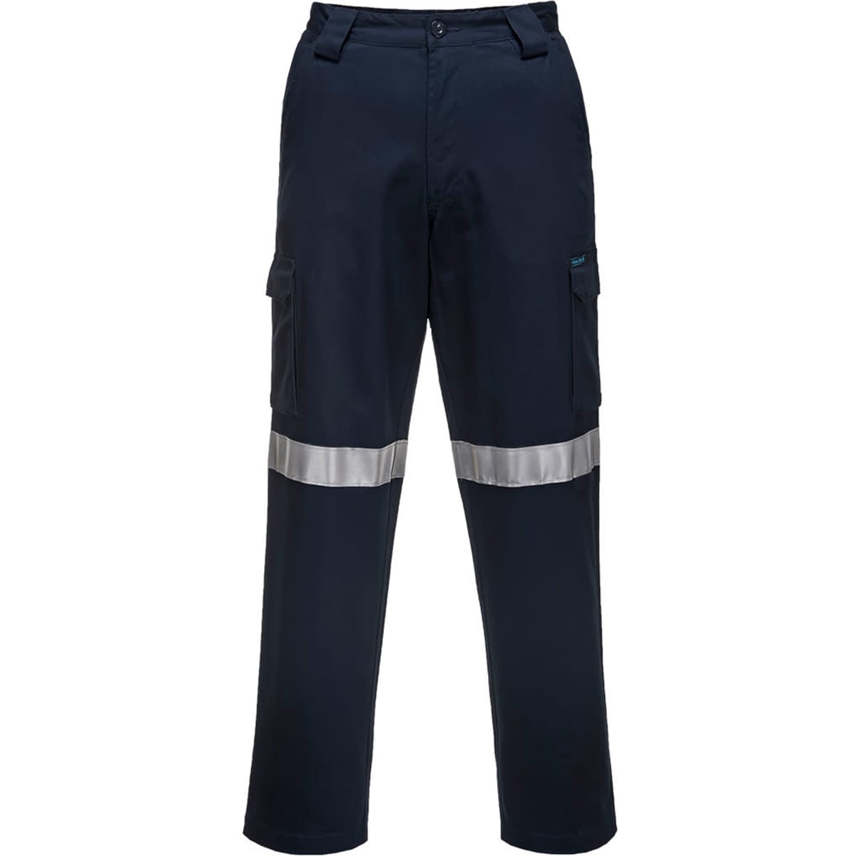 Cargo pants in navy blue with reflective tape accents, featuring multiple side pockets and a simple button closure.