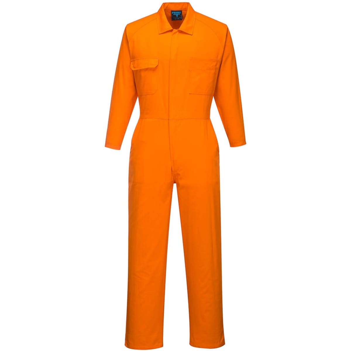 An orange lightweight coverall with long sleeves, a chest pocket, and a logo on the front.