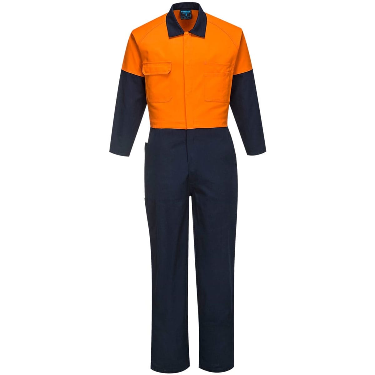 A Cotton Coverall in orange and navy, featuring long sleeves and multiple pockets, with a logo on the chest.