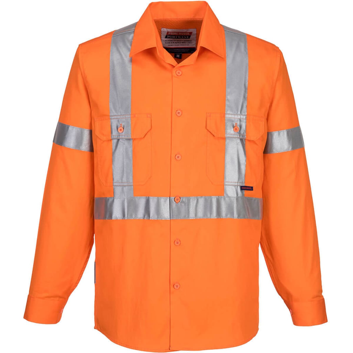 An orange long-sleeved work shirt with silver reflective stripes and two front pockets, featuring a logo.