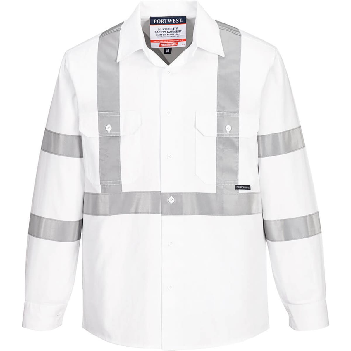 A white long-sleeved cotton drill shirt featuring grey reflective stripes and two chest pockets. The shirt has a logo.