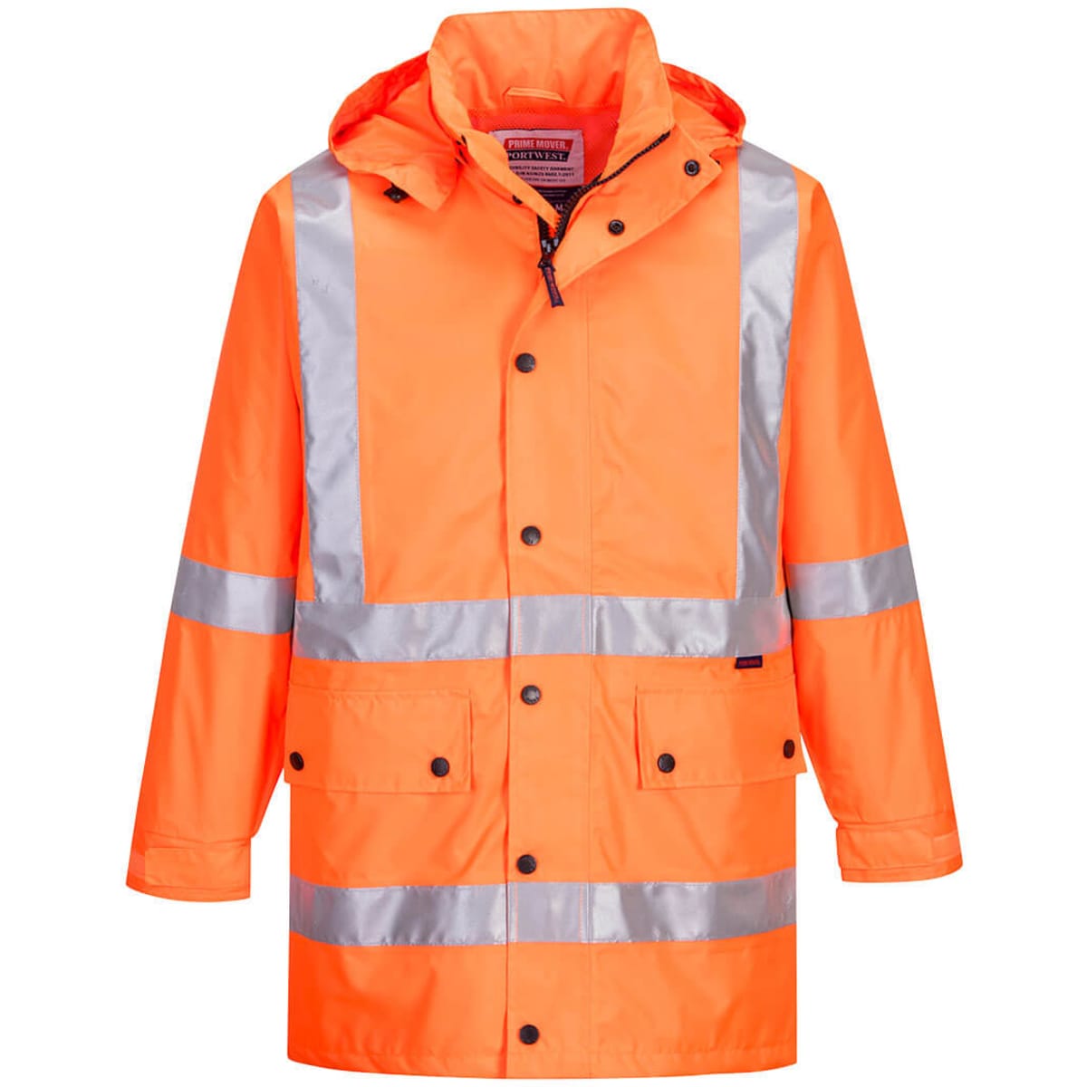 A bright orange rain jacket featuring reflective stripes, with a hood and multiple front pockets. It has a logo.