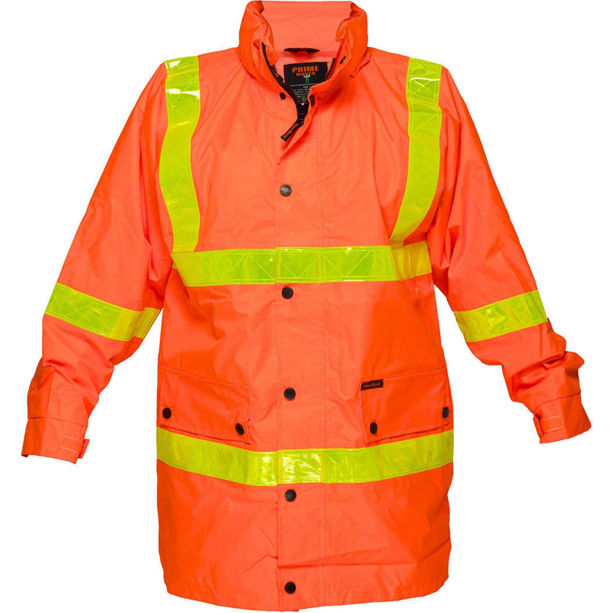 A high-visibility orange jacket with reflective stripes and a logo. It features a front zipper and a collar.
