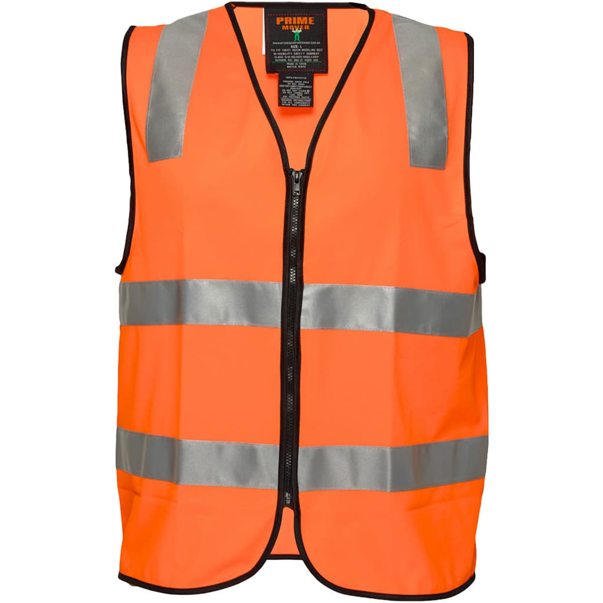 An orange hi-vis zip vest with reflective stripes and a front zipper, featuring a logo on the upper section.