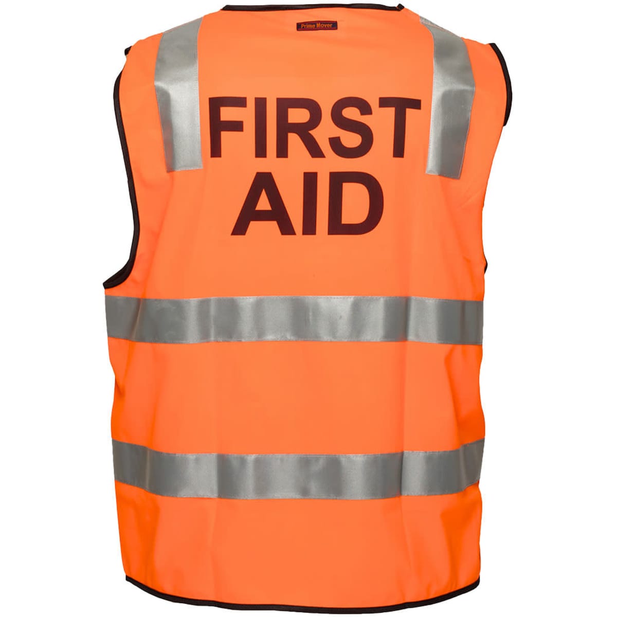 An orange safety vest with reflective stripes, featuring the words "FIRST AID" on the back and a logo.