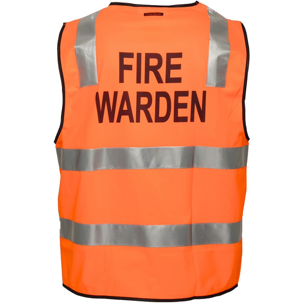 An orange safety vest featuring reflective stripes and a logo, labelled "Fire Warden" on the back.