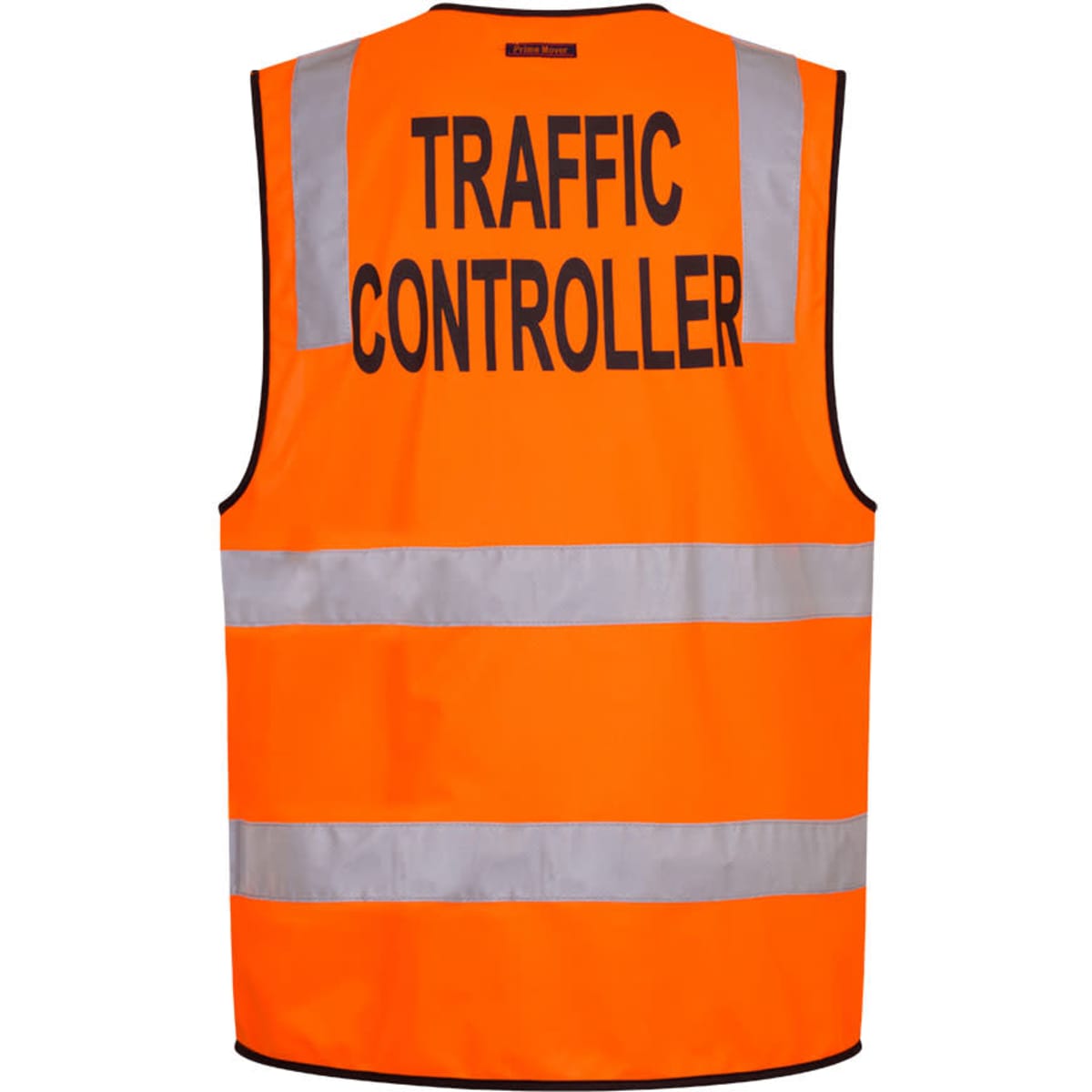 An orange safety vest with reflective strips and a logo, labelled "TRAFFIC CONTROLLER" on the back.