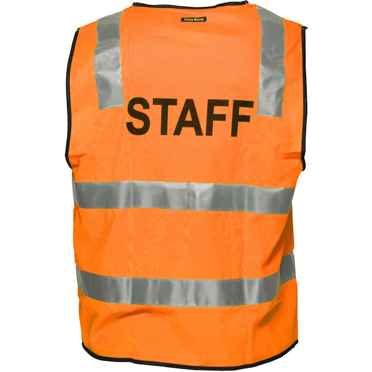 An orange work vest featuring reflective stripes and a logo, with "STAFF" printed on the back.