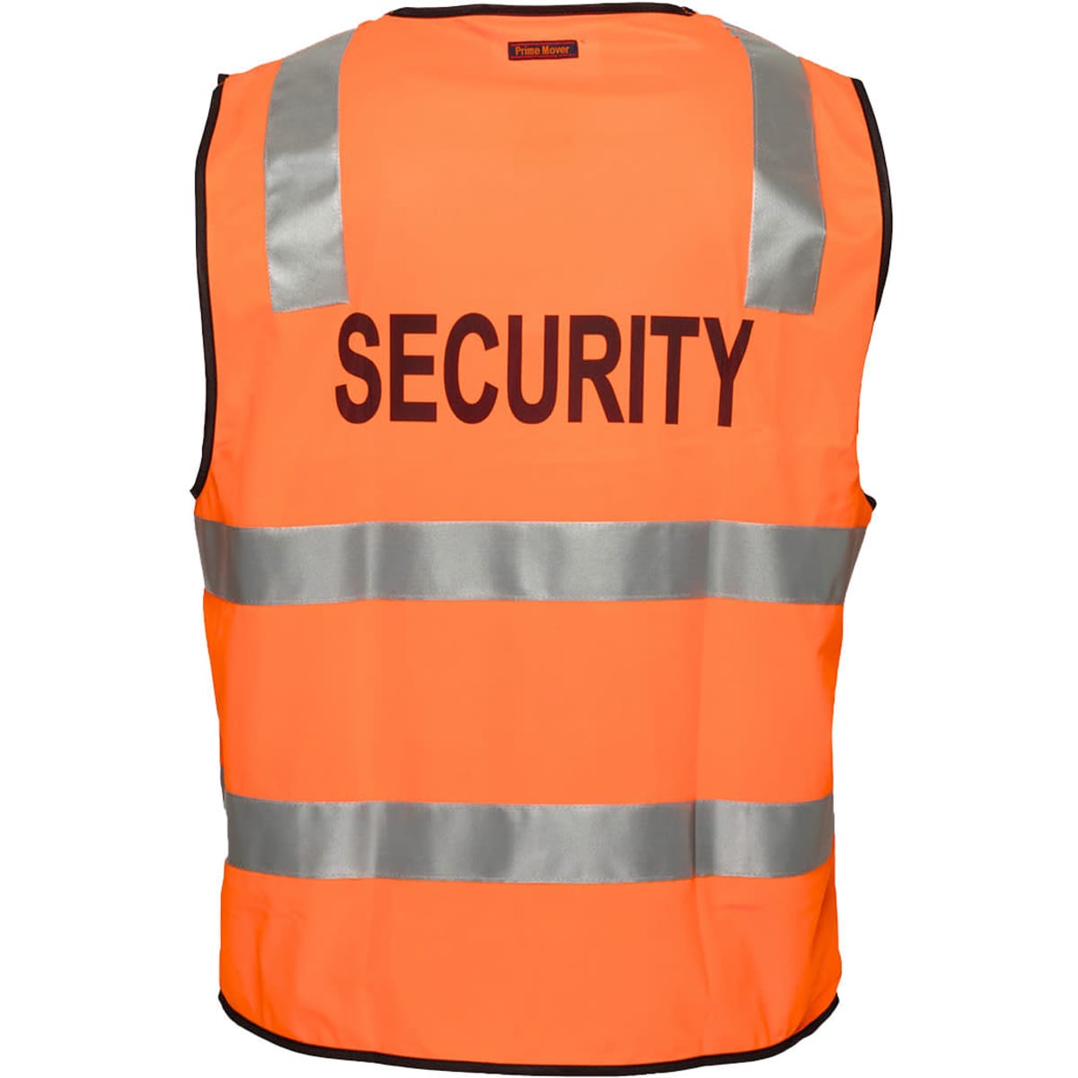 An orange security vest featuring reflective strips and a logo on the back.