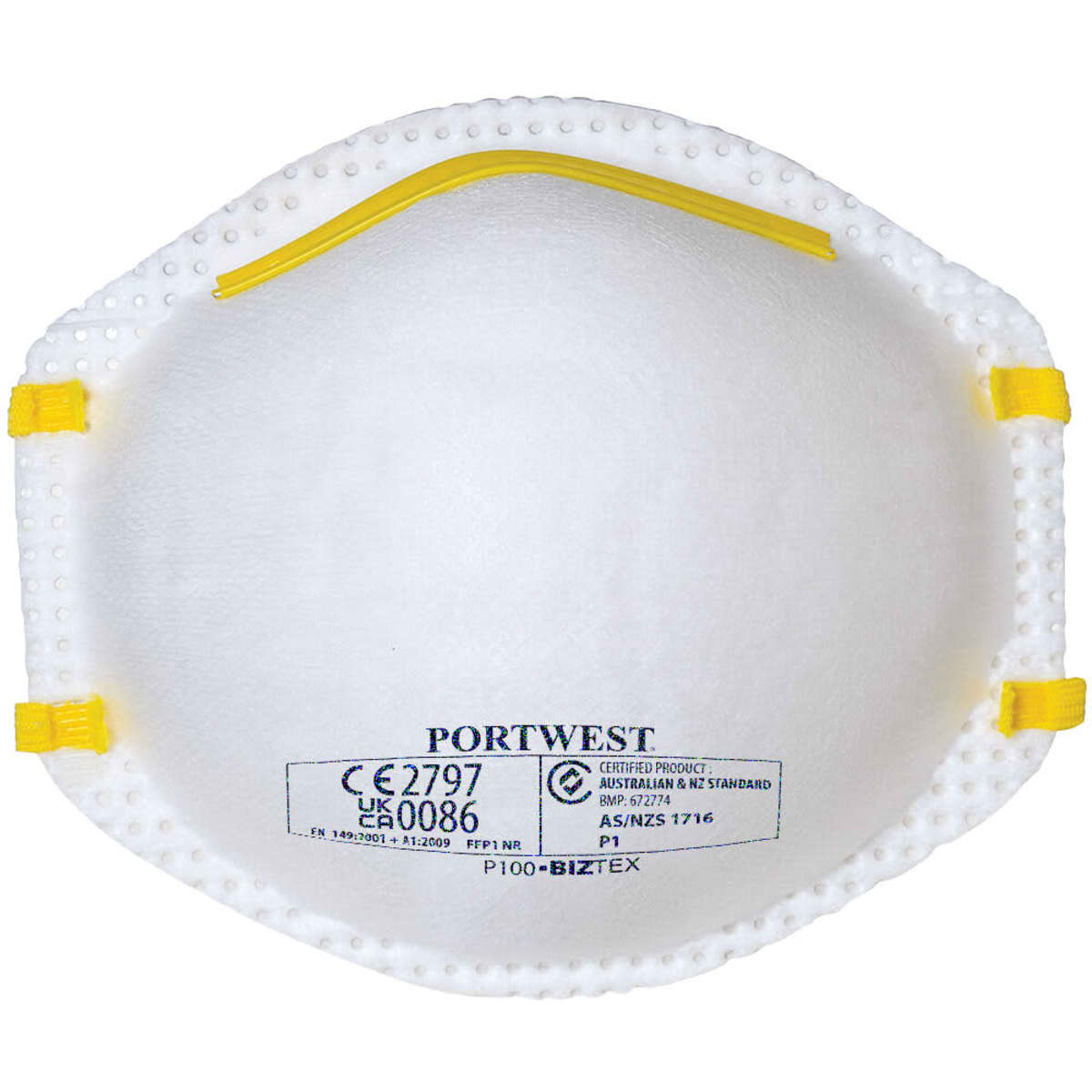 A white respirator mask with yellow straps and a branding logo.