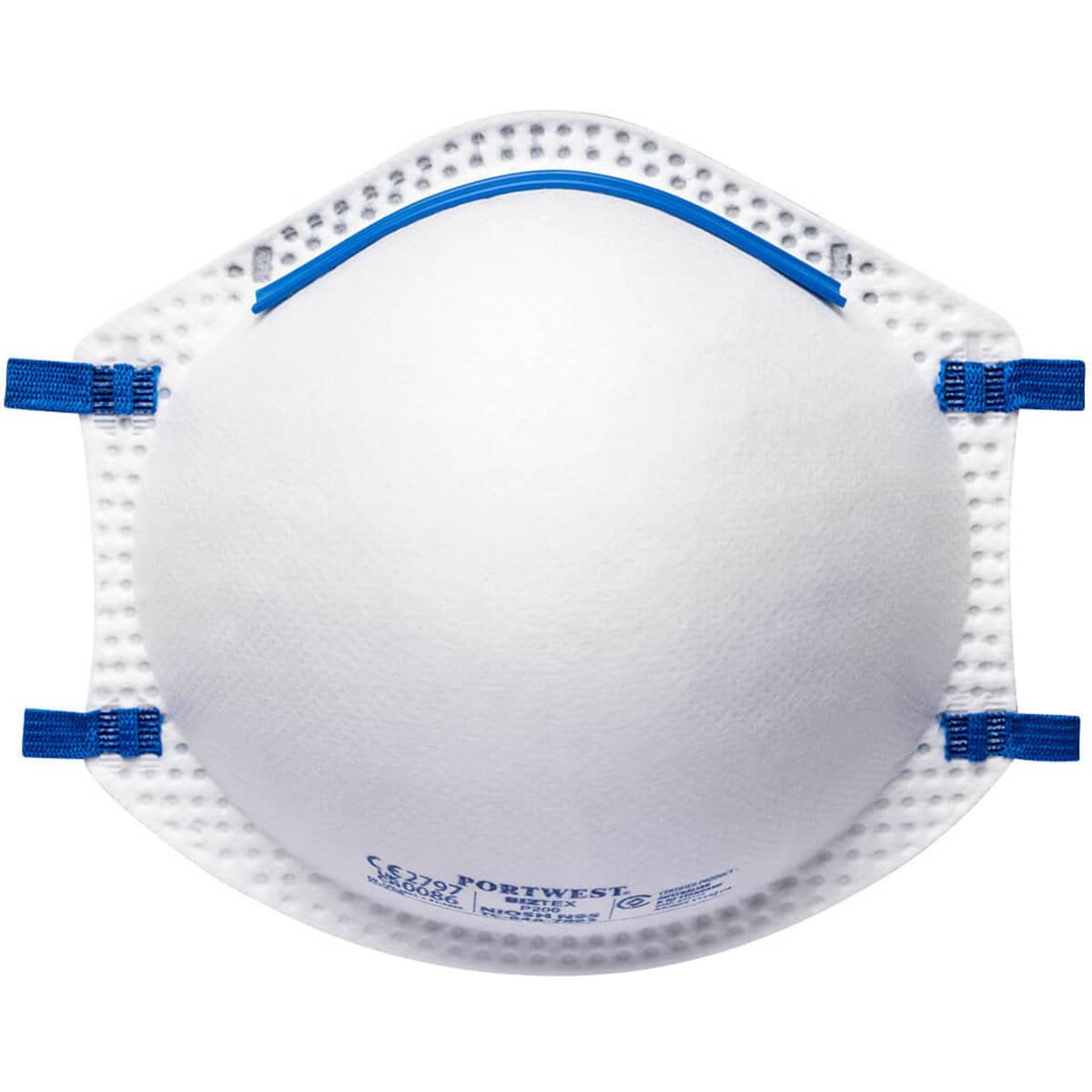 A white respirator with blue straps and a textured surface, featuring a branding logo.