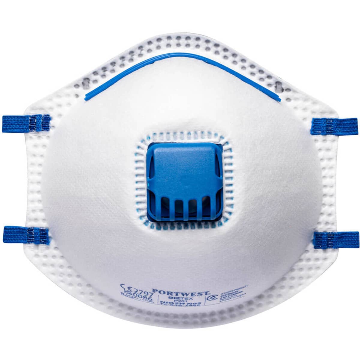 A white respirator with blue accents and a valved design, featuring adjustable straps and a branding logo.
