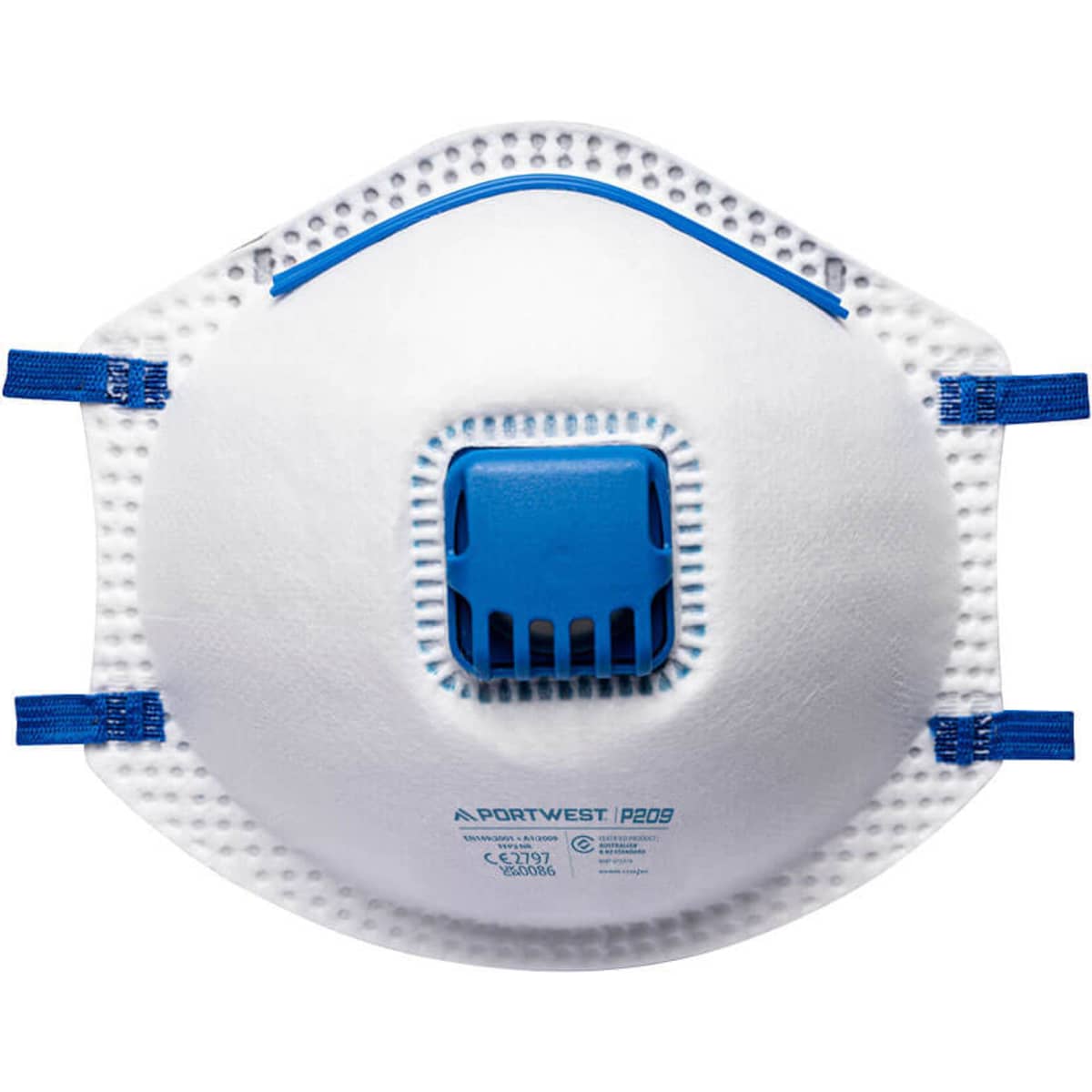A white FFP2 mask with a blue valved system and blue straps, designed for health and personal use.