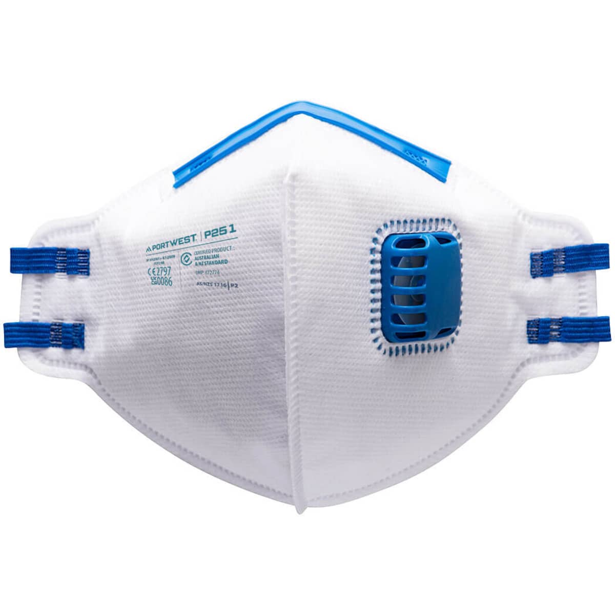 A white respirator with blue accents, featuring a ventilation valve and elastic ear straps. Includes a logo.