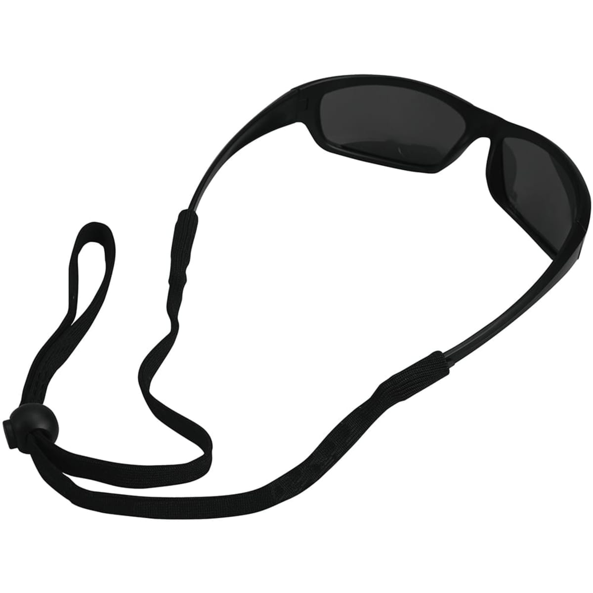 A black spectacles cord with an adjustable loop, designed to secure sunglasses or glasses.