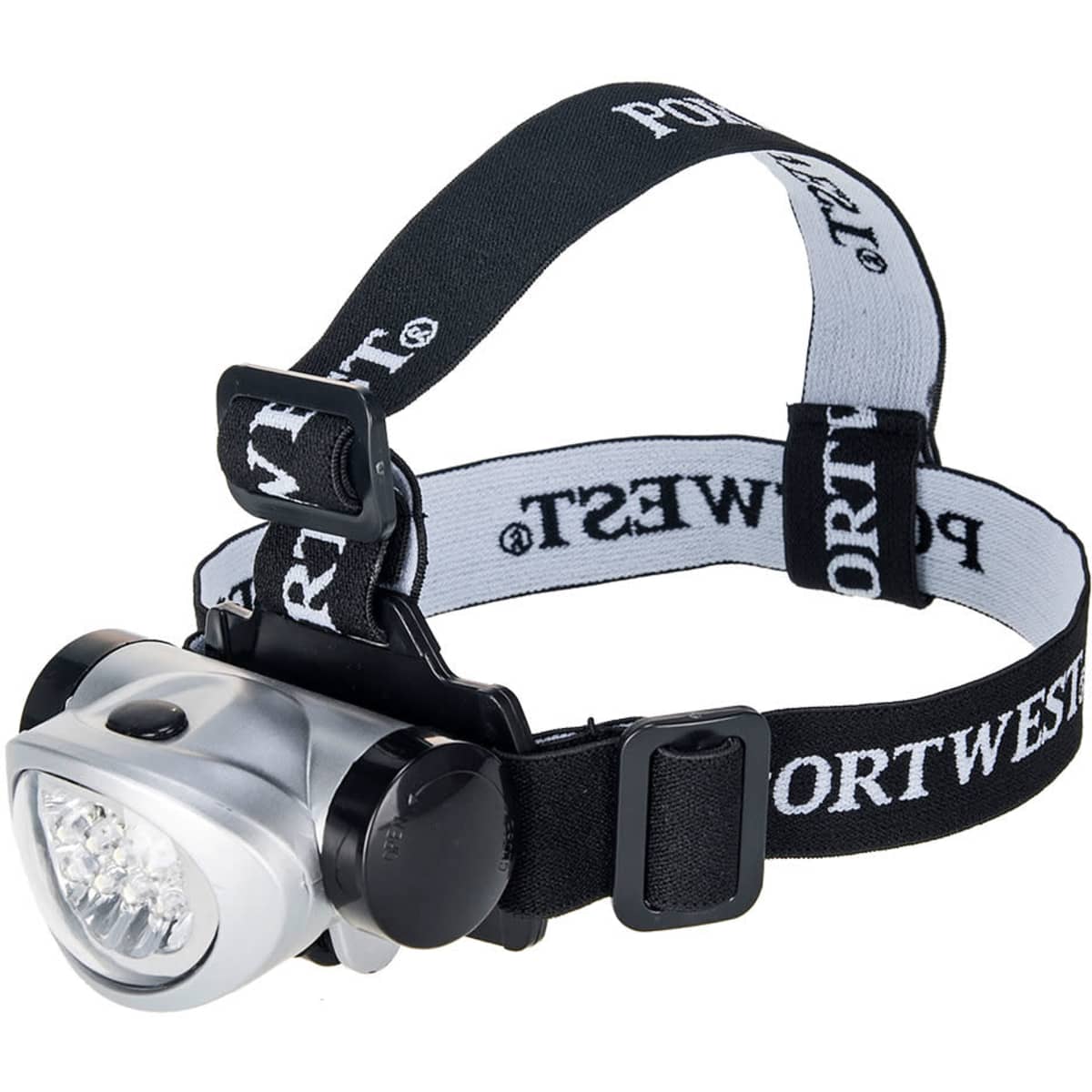 A LED headlamp with a silver front and adjustable black straps featuring a logo.